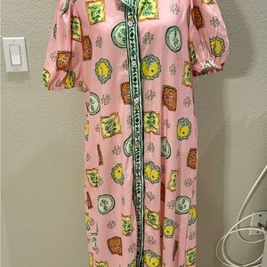 Chic Pink Patterned Maxi Dress with pockets missing belt coquette hostess dress